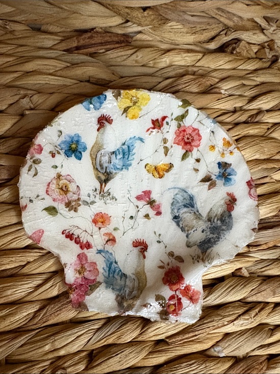 Hand Crafted Other - Hand Crafted White Shell Dish with Blue, Pink, Yellow & Red Floral Roosters